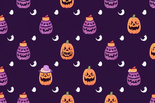 Cute Halloween, Seamless pattern with funny Halloween rabbit in witch hat with pumpkin on purple background, illustration, Cute kids collection 2d style, illustration, design v3