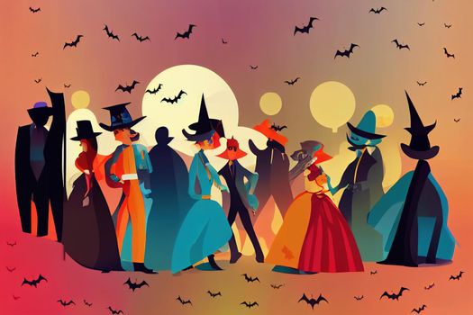 Crowd of tiny people dressed in various Halloween costumes isolated on dark background, Male and female cartoon characters at party or masquerade ball, Colorful illustration in flat style v1