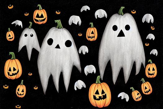 Cute Hand Drawn Halloween Cards and Pattern, Little White Ghost on a Black Background, Happy Halloween, Trick or Treat, Sweet Little Pumpkins and White Funny Skulls, Gravestone with Boo inscription v2