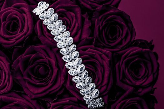 Luxe branding, glamour fashion and boutique shopping concept - Luxury diamond jewelry bracelet and purple roses flowers, love gift on Valentines Day and jewellery brand holiday background design