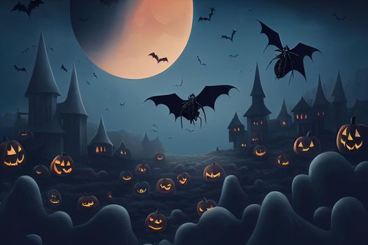 Dark Halloween background with Moon on blue sky, spiders and bats, illustration, 2d style, illustration, design v1