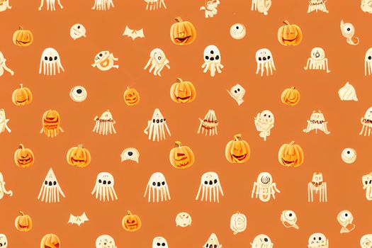 Cute spooky orange pumpkin, skeleton, bat, lollipop and candy pattern, Halloween holidays cartoon character set, Trick or treat background, painting, illustration, drawing v2