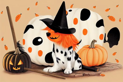 Dalmatian in halloween disguise sitting on a broom and wearing witch hat with pumpkins on his sides ,toon style, anime style, cartoon style v2