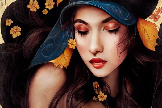 Elegant, charming, shy, playful, flirty, dangerous, mysterious, scary female beauty, Close up portrait of gorgeous happy brunette fairy enchantress, covering her eyes with the cap, hot figure, body v3