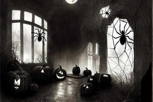Dark interior of the house decorated for Halloween pumpkins, webs and spiders , Hand drawn v1