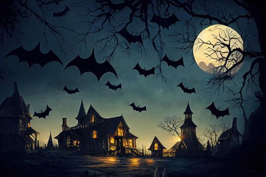 Dark Halloween background with Moon on blue sky, spiders and bats, illustration, 2d style, illustration, design v2