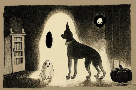 dog sitting as a ghost for halloween in front of the door at home entrance with pumpkin lantern or light , scary and spooky, for a trick or treat , Hand drawn v3