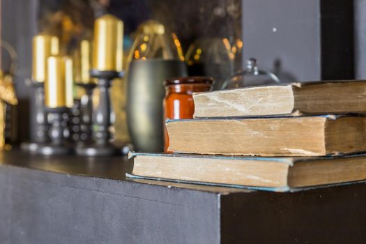 Heap of books with brown background