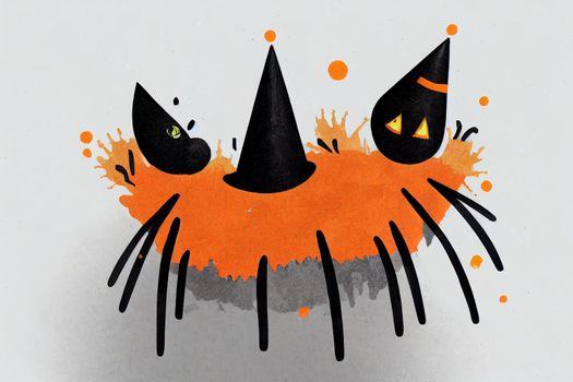 Funny Abstract Hand Drawn Happy Halloween Illustration, Freaky Black Cat, Angry Pumpkin, Cute Black Spider, Creepy Clown in Orange Party Hat, Black Hand Written Letters on a Gray Background v1