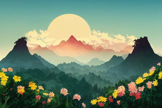 Mountains during flowers blossom and sunrise, Flowers on the mountain hills, Beautiful natural landscape at the summer time, Mountain-image anime style v1