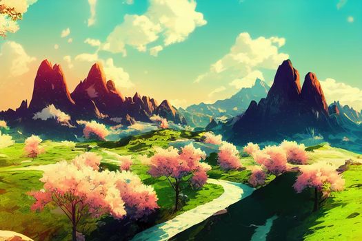 Panoramic mountain landscape in spring with sunlight, Filtered image cross processed vintage effect, anime style, cartoon style