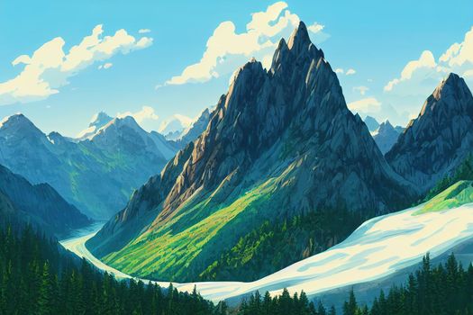 Picturesque mountain valley scenic view, Marvelous mountain range, Altai mountains, Belukha Mountain wall view, Akkem glacier anime style, cartoon style toon style