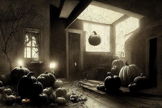 Dark interior of the house decorated for Halloween pumpkins, webs and spiders , Hand drawn v3