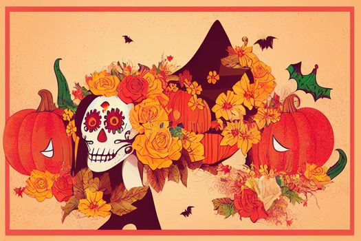 Day Of Dead Traditional Mexican Halloween Dia De Los Muertos Holiday Party Decoration Banner Invitation Flat Illustration 2d style, illustration, design v2