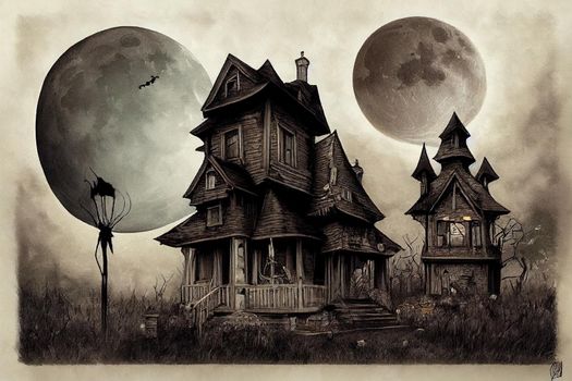 Dark halloween house with moon painting, illustration, drawing v3