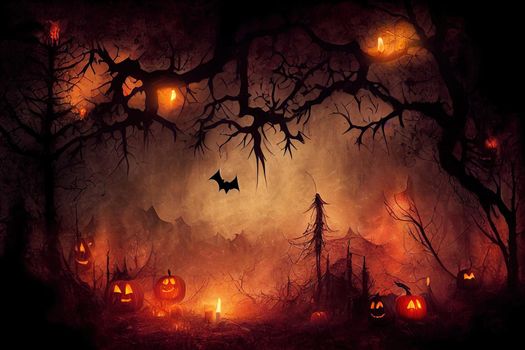 Fantasy Halloween Background, Beautiful dark deep forest backdrop with smoke, fire, vampire bats, Halloween magic holiday collage Art design, mysterious Frame, Copy space for your text, Wide screen 2d