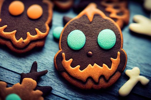 Fresh halloween gingerbread cookies on blue wooden table v1