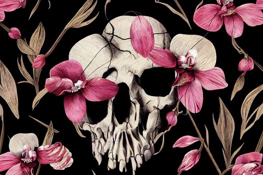 Embroidery human skull and pink orchid flowers, Halloween seamless pattern, Medieval style, Tropical background, Fashion clothes template and t-shirt design, Dark gothic art , Hand drawn v2