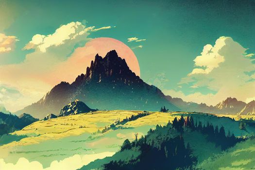 Panoramic mountain landscape in spring with sunlight, Filtered image cross processed vintage effect, anime style, cartoon style toon style v2