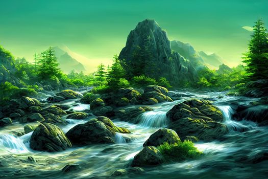 Mountain river water flowing through rocks in green forest anime style v2