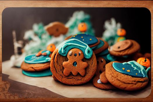 Fresh halloween gingerbread cookies on blue wooden table v3