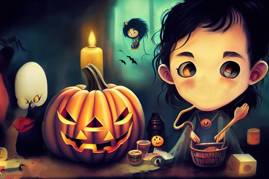 Family has fun in Halloween time ,toon style, anime style, cartoon style v3