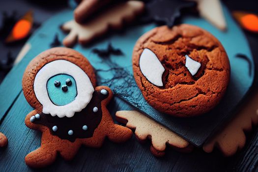 Fresh halloween gingerbread cookies on blue wooden table v2