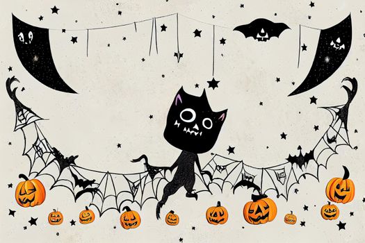 Funny Hand Drawn Halloween Bunting, Infantile Illustration, White Skull and Ghost, Black Cat and Bats, Hand Written Happy Halloween and Boo, Starry Night, Gra, Orange, Black and White Design v2