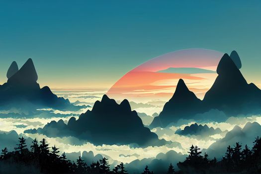 Panorama of sea of clouds around mountain peaks at sunrise anime style, cartoon style