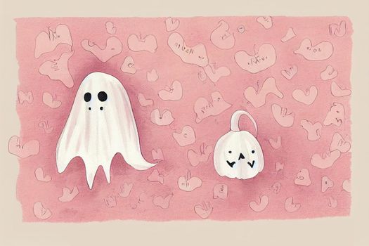 Funny Hand Drawn Illustration with Cute White Ghost Isolated on a Pink Background, Lovely Nursery Art for Pink Halloween Party, Simple Handwritten Happy Halloween Card, Pattern with Ghosts and Hearts