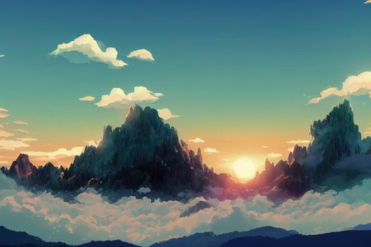 Panorama of sea of clouds around mountain peaks at sunrise anime style, cartoon style v2