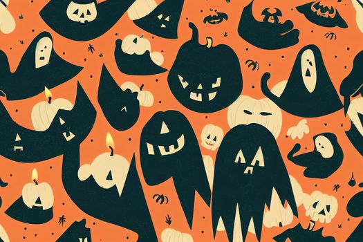 Ghosts, Pumpkins, candles, animal Skulls, Halloween concept, Cute cartoon spooky characters, Holiday Silhouettes, Hand drawn trendy illustration, Square seamless Pattern, background v1