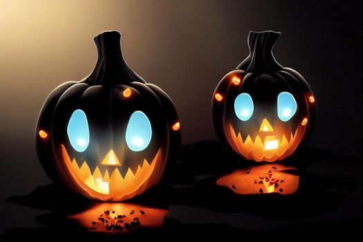 Glowing pumpkins levitate on a black background ,toon style v3