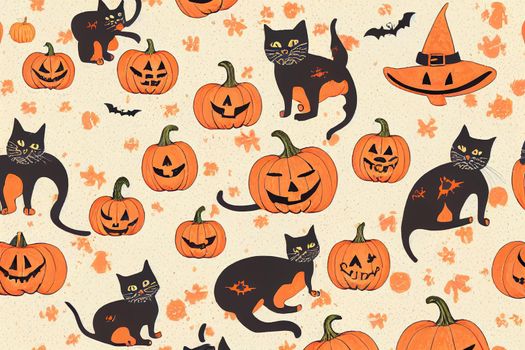 Fun hand drawn Halloween pattern with cats, hats, bats and decoration - great for textiles, banners, wallpapers, wrapping - design , Hand drawn v1