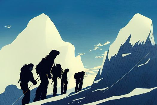 Mountaineers help each other to reach the summit anime style v2