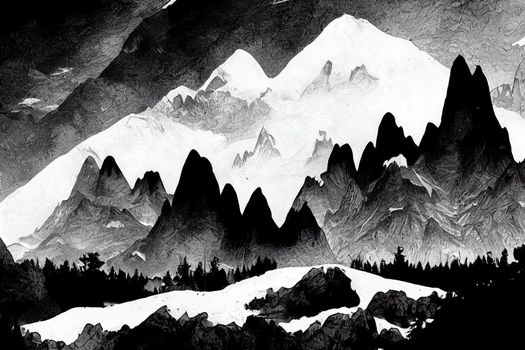 Mountains in black and white with forrest, manga style drawing