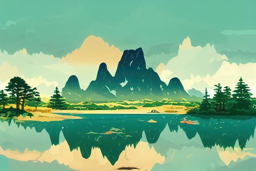 Hand Drawn Mountain Lake Forest Landscape Illustration v1