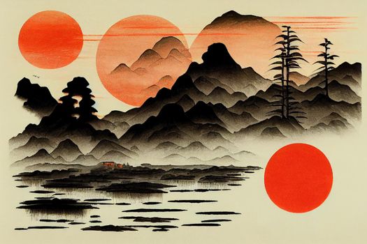 Landscape with lake view with big red sun in asian style hand drawn with sumi ink, Traditional oriental ink painting sumi-e, u-sin, go-hua, Translation of hieroglyph - zen v1