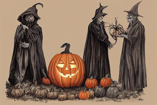 give it to you, gothic man in Halloween costume, senior man hold pumpkin, old man in magic hat and cloak, Jack-o-lantern, Fantasy horror Halloween, Halloween decoration and scary concept, 31 october