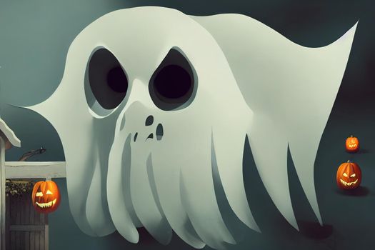 Ghost monster peeking behind a blank white sign as an angry haunted creepy phantom spirit hiding behind a billboard as a halloween message concept in a 3D illustration style v1