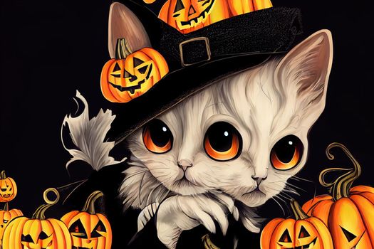 Funny Halloween Witch Themed Kitten ,toon style, anime style v3
