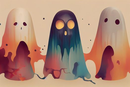 Ghost for Halloween, Set of multi-colored Ghosts with scary and evil emotions on their faces, Creative concept idea, Realistic 3d design, Traditional elements of decor for holiday v1