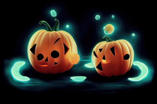Glowing pumpkins levitate on a black background ,toon style v1