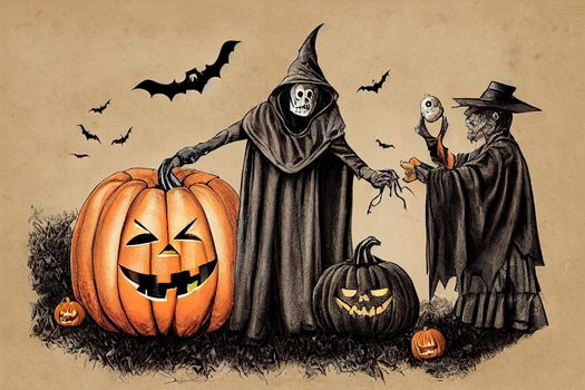 give it to you, gothic man in Halloween costume, senior man hold pumpkin, old man in magic hat and cloak, Jack-o-lantern, Fantasy horror Halloween, Halloween decoration and scary concept, 31 october