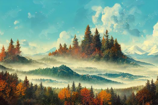 Majestic autumn mountain landscape, A wide panoramic landscape with the edge of a coniferous forest and mountains in a light fog, Altai Mountains v1