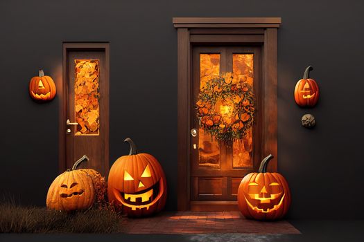 3d rendering. halloween decorated front door with various size and shape pumpkins