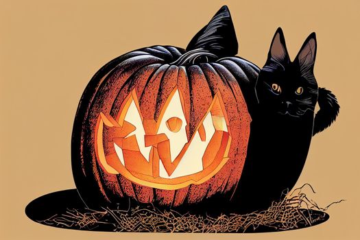 A witch's cat on a pumpkin. Halloween illustration