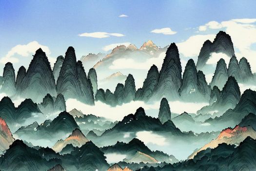 Chinese painting of mountains and rivers Clouds and pines High mountains of Huangshan anime style, cartoon style toon style