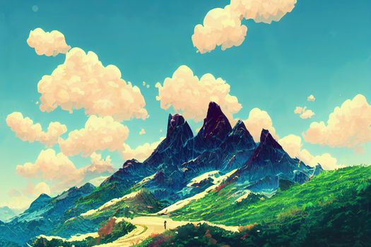 Beautiful mountain with good temperature and good looking nature anime style, cartoon style toon style