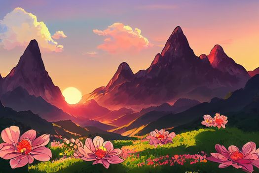 Mountains during flowers blossom and sunrise, Flowers on the mountain hills, Beautiful natural landscape at the summer time, Mountain-image anime style v2